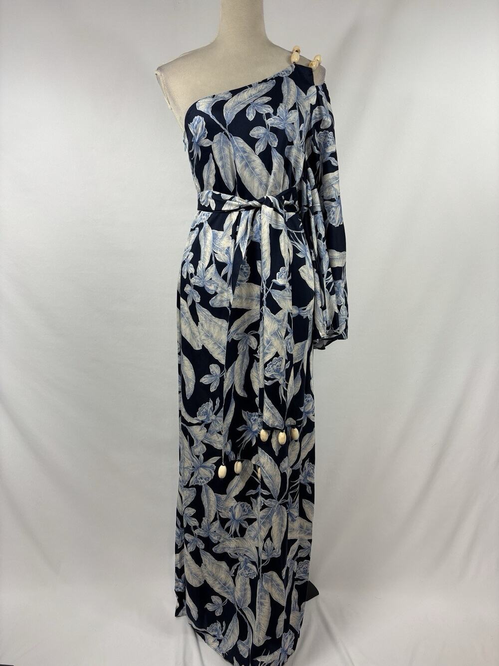 Alexis Randi One Shoulder Maxi Dress Navy Blue Floral Print Size XS Beaded Belt